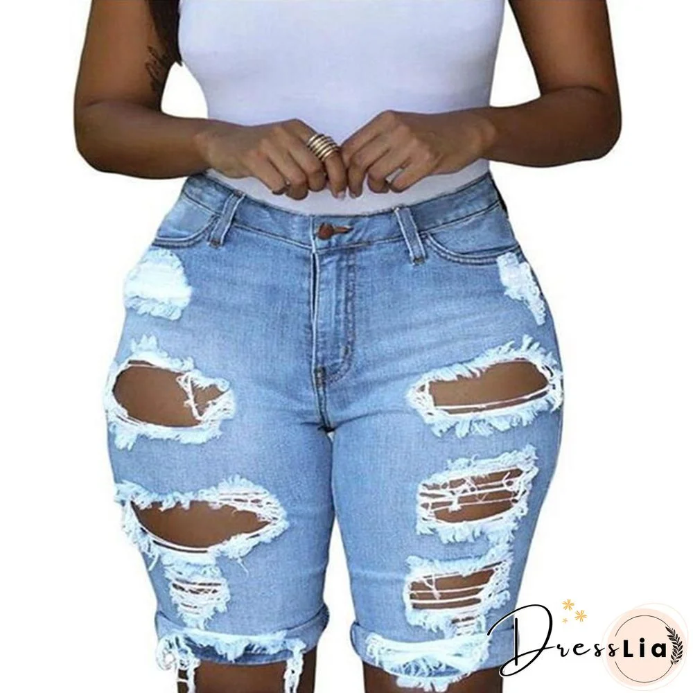 Women Casual Street Style Half Blue Denim Shorts Stretch Pants Slim Boyfriend Ripped Hole Jeans