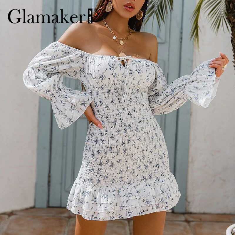 Glamaker Floral printed bodycon bare shoulder short dress Women summer sexy ruffled puff sleeve holiday boho cotton dress 2021