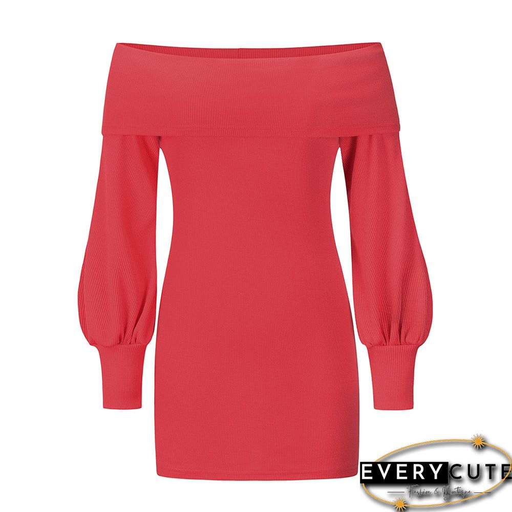 Watermelon Red Rib Lantern Sleeve Off Shoulder Mini Dress