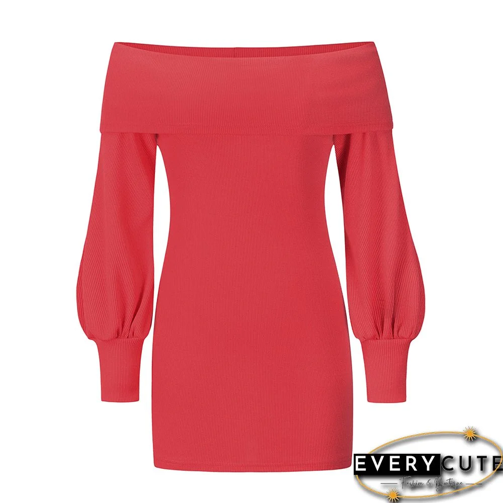 Watermelon Red Rib Lantern Sleeve Off Shoulder Mini Dress