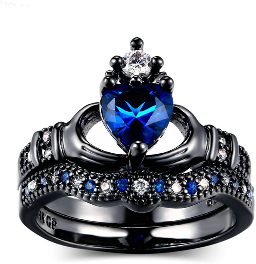 JAJAFOOK Women's Gold Plated Cubic Zirconia CZ Blue Rhinestone Heart Cut Bridal Crown Irish Claddagh Ring
