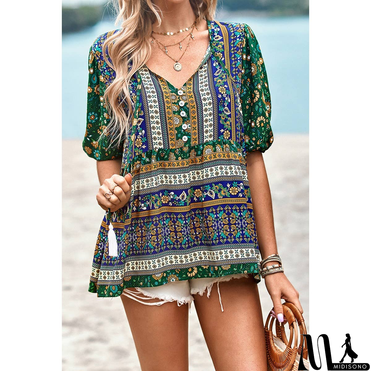 MidiSono - Floral Print Button Deep V Color Block Loose Fit Top