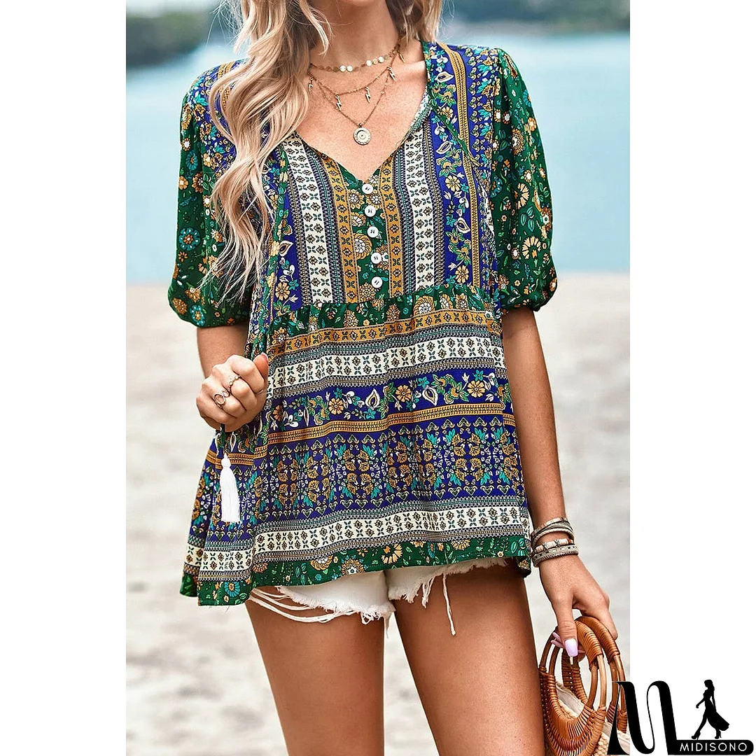 MidiSono - Floral Print Button Deep V Color Block Loose Fit Top
