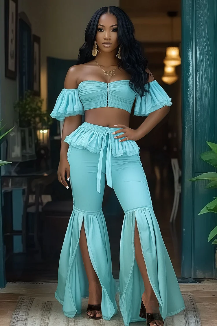 Off Shoulder Ruffle Crop Top Flare Leg Pants 2pcs Set-Turquoise [Pre Order]