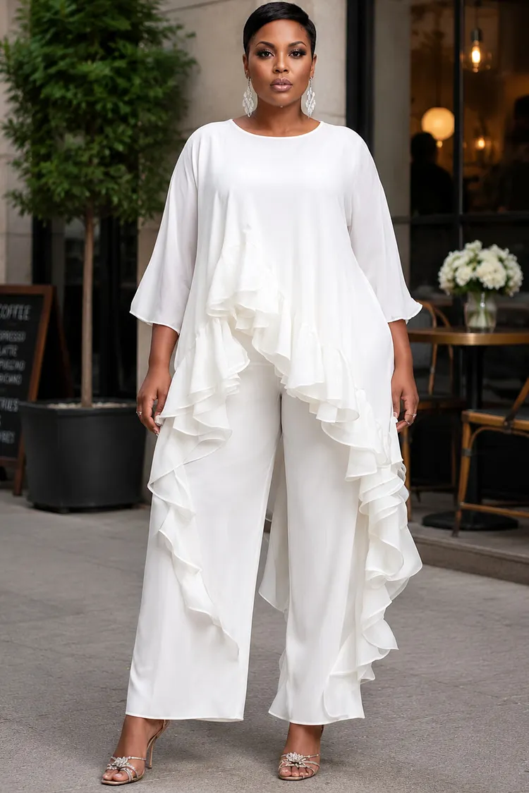 Xpluswear Design Plus Size Daily Elegant White Round Neck Half Sleeve Ruffle Asymmetric Hem Two Piece Pant Sets [Pre-Order] 2024 - Xpluswear