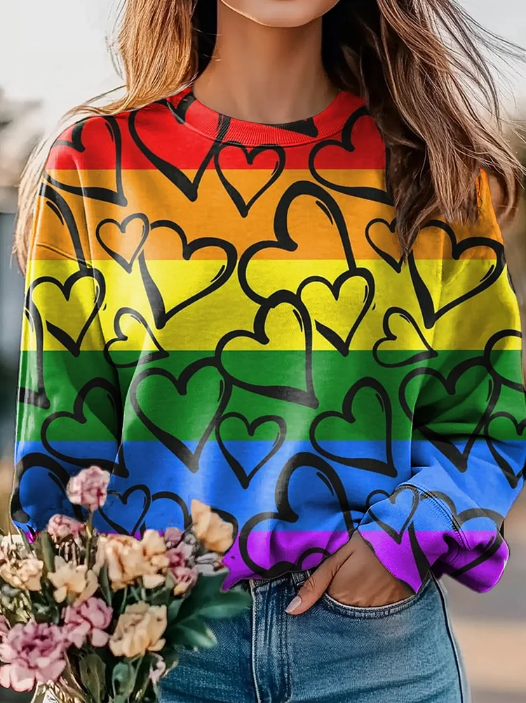 Heart Colorful Color Block Pattern Art Print Casual Sweatshirt