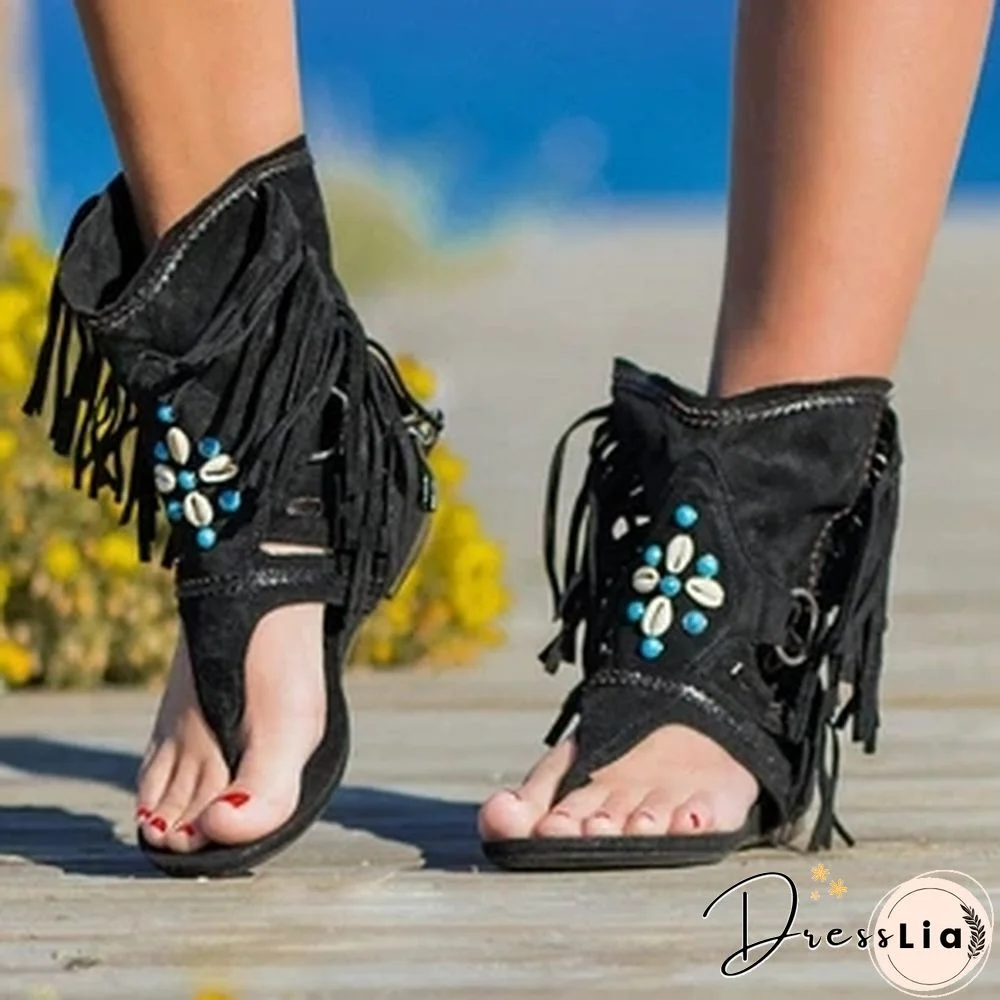 Retro Women Fringe Flower Wedges Shoes Solid Flock Beach Casual Sandals Women Summer Flip Flop Sandals
