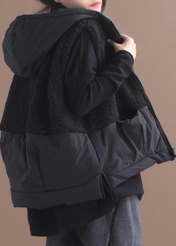 Boho Black Hooded Zippered Pockets Patchwork Winter Waistcoat CK461- Fabulory