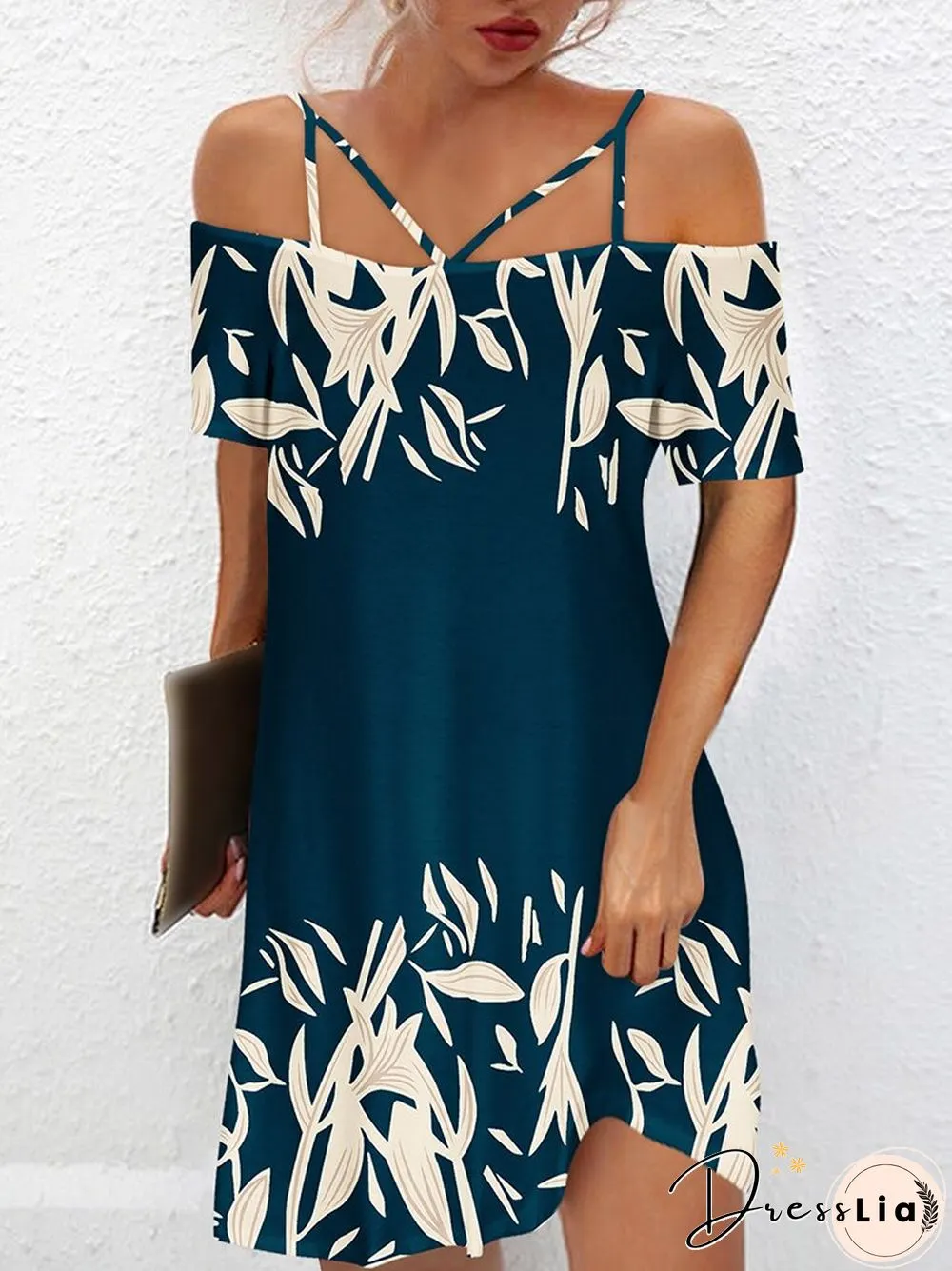 Vintage One-Line Neck Cross Strap Dress Women Summer Sexy Short Sleeve Backless Mini Dress Ladies Fashion Printed Loose Dresses