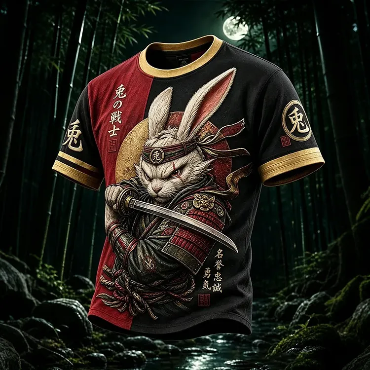 Men's Retro Japanese Warrior Rabbit Pattern Casual T-shirt