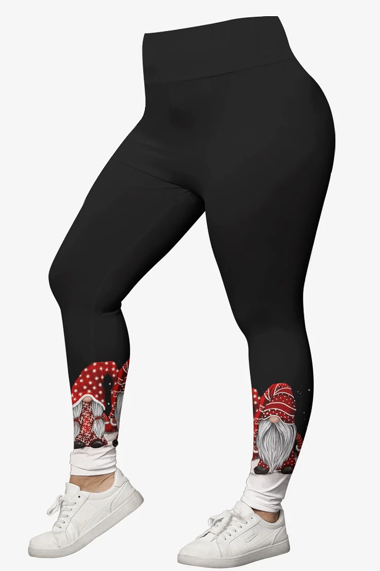 Flycurvy Plus Size Christmas Black Santa Claus Snowflake Print Patchwork Legging  Flycurvy [product_label]