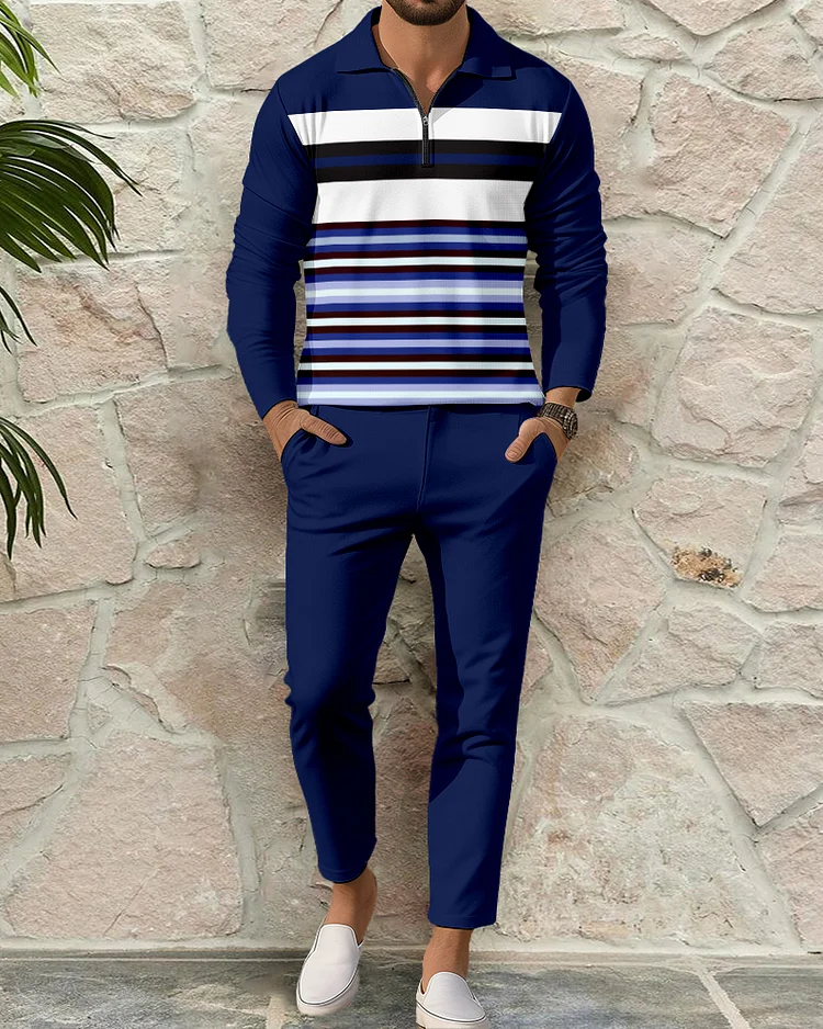 Men's Casual Colorblock Personalized Long Sleeve Polo Shirt Set 153