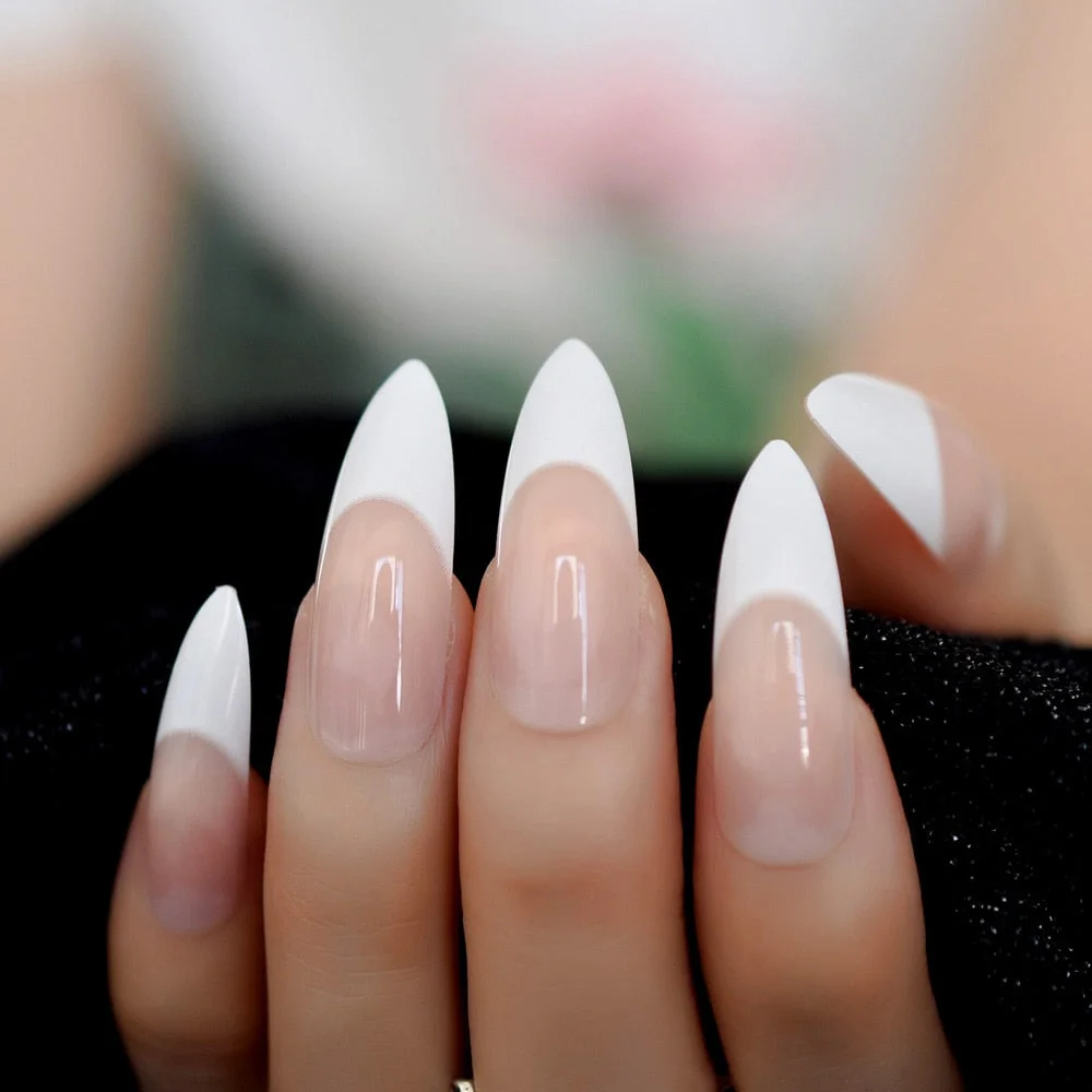Ombre French Tip Extra Long Ballerina Shape False Press on Natural Nails White Gradient Nude Coffin Tips with Adhesive Tabs 24-Nail Inspo