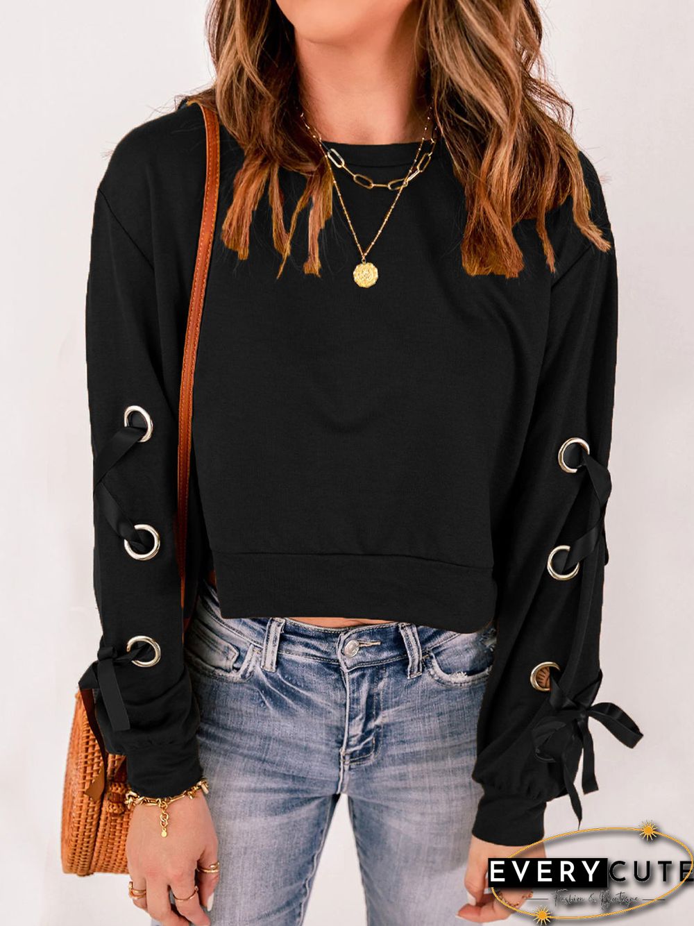 Women'S T-Shirts Crew Neck Hollow Tie Long Sleeve T-Shirt