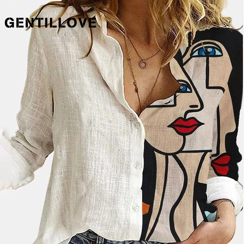 Gentillove 2021 Women Botton Vintage Polo-Neck Office Lady Spring Summer Loose Casual Cartoon Printing T-Shirt Long Sleeve