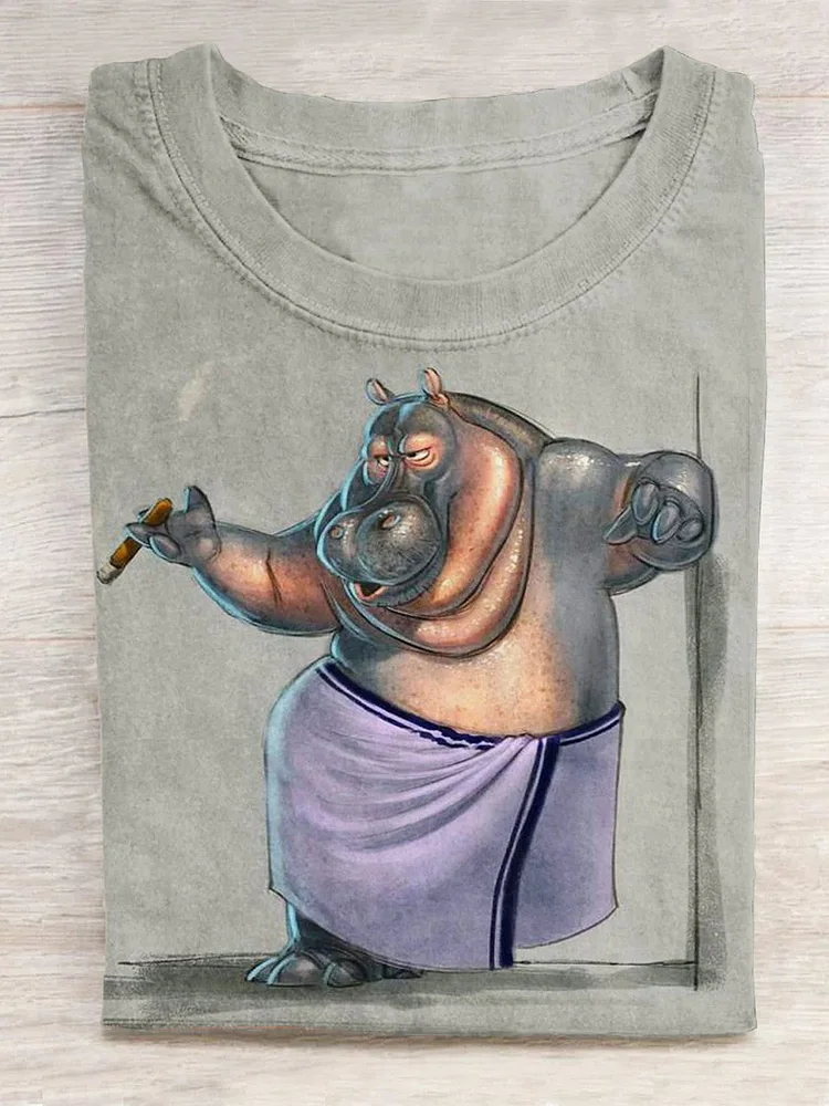 Funny Hippo Smoking Art Pattern Print Casual T-Shirt