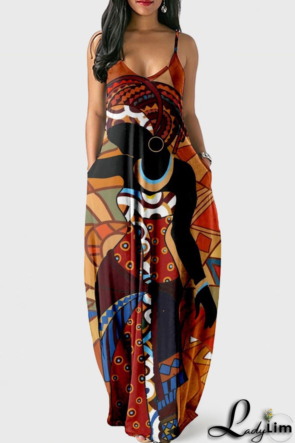 White Blue Fashion Sexy Print Backless Spaghetti Strap Long Dress