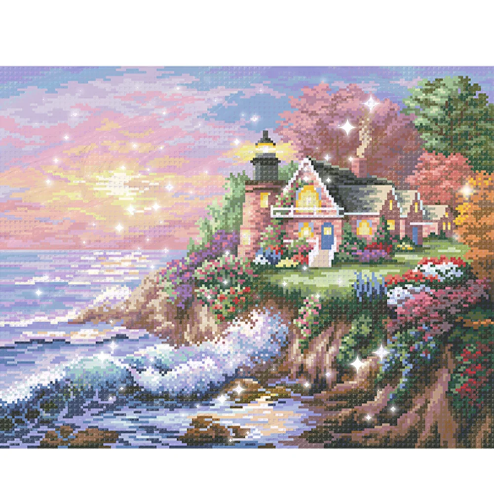 9CT Full Cross Stitch Bead Embroidery - Seaside Garden Lake(Canvas|55*43CM)