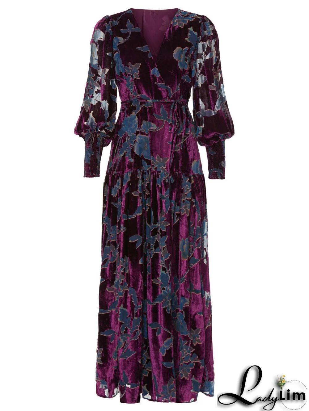 Elegant Floral V Neck Lantern Sleeve Velvet Gown Maxi Dress