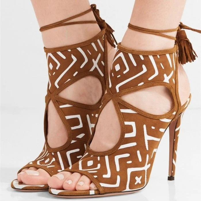 Brown Hollow out Stiletto Heels Slingback Sandals with Fringes |FSJ Shoes