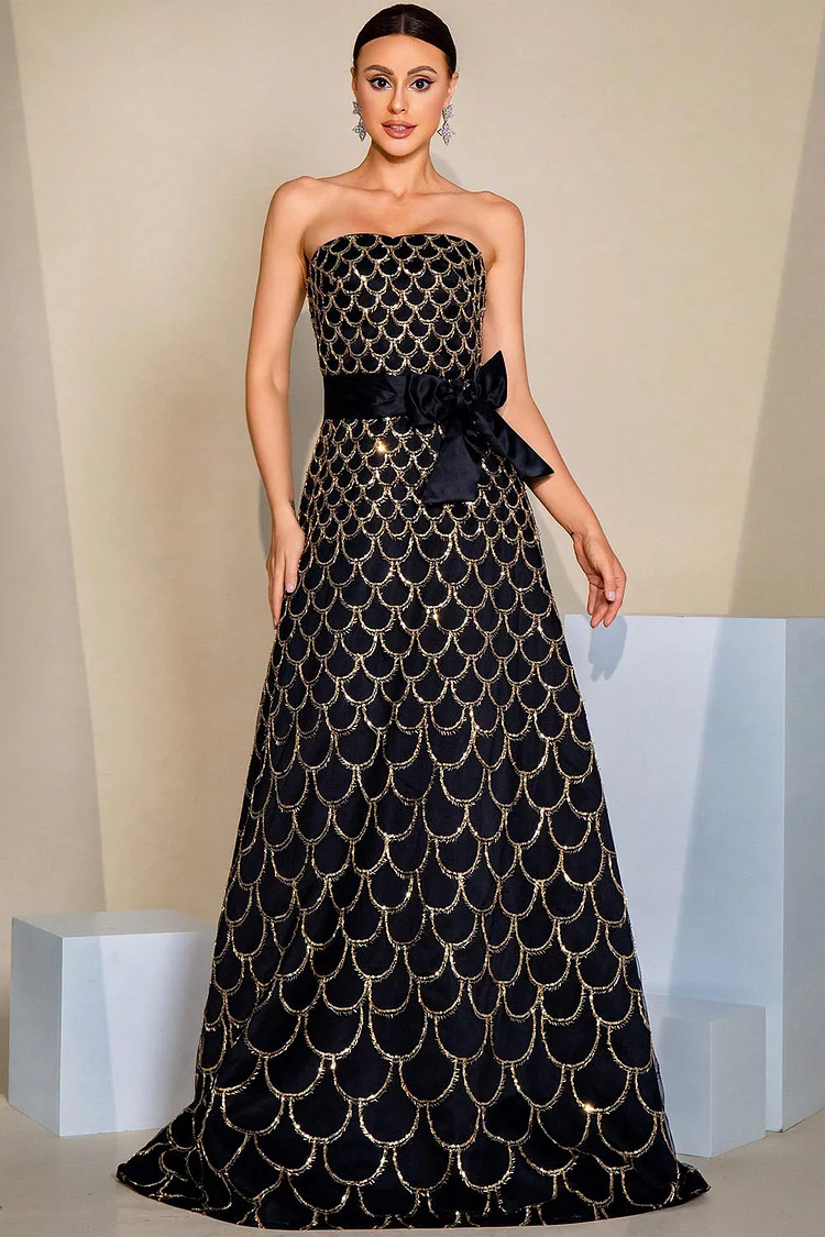 Scale-Like Sequin Bow Strapless Maxi Dress-Black