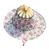 2 in 1 Bamboo Foldable Hand Fan Sun Hat Floral Printed Chinese Style Handheld Foldable Wide Brim Hat for Women Outdoor Beach Travel Accessory