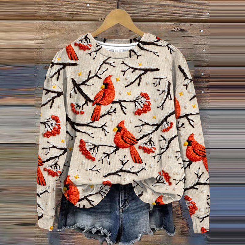 Embroidered Bird Art Print Casual Sweatshirt artswardrobe