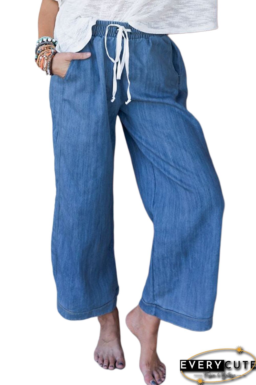Sky Blue Wide Leg Drawstring Waist Loose Pants