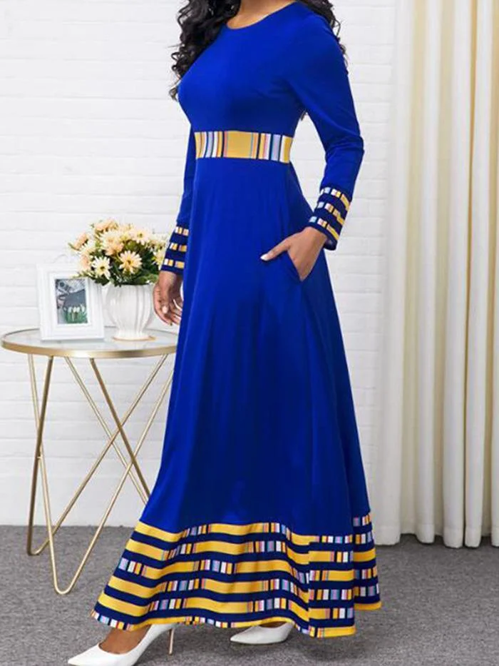Round Neck High Waist Contrast Stitching Large Hem Dress