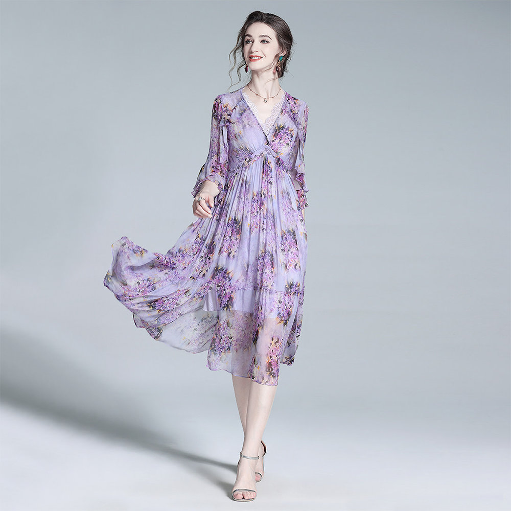 Silk Dress Purple Floral Midi Dress for Weddings REAL SILK LIFE
