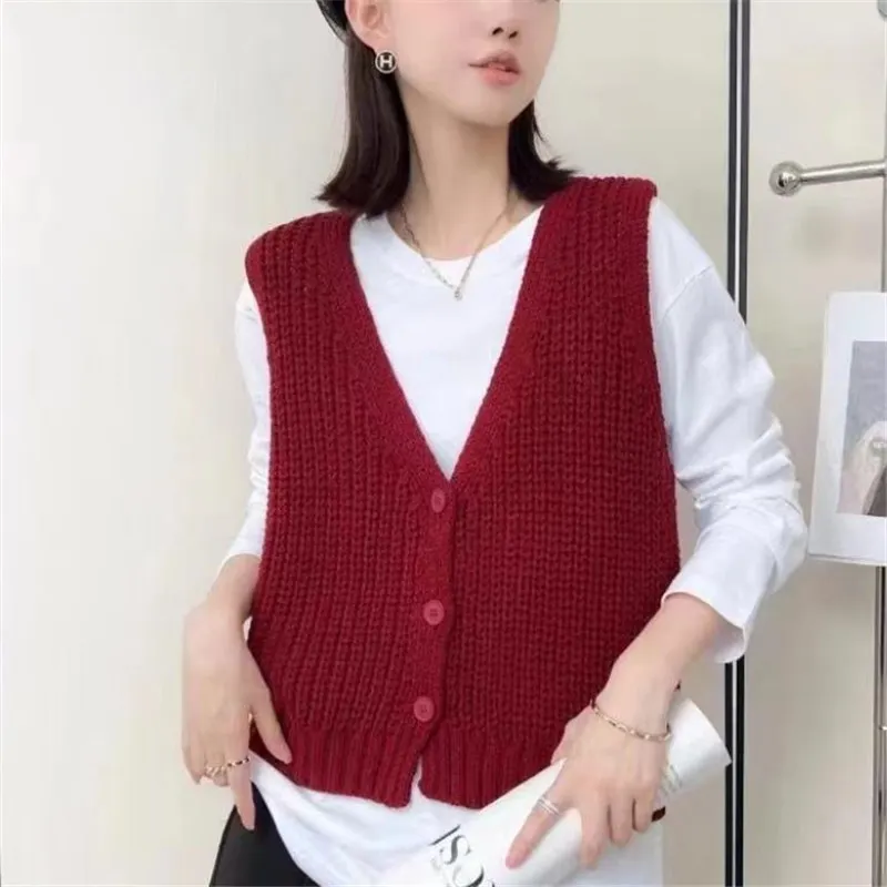 Churchf Churchf Spring 2024 New Solid Color Knit Vest Vest Jacket Loose Versatile Sleeveless Cardigan Sweater Vest Female