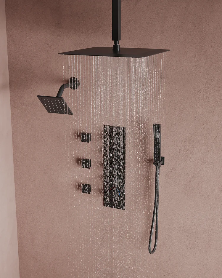 EVERSTEIN Luxury Matte Black 16" & 6" Dual Shower Head System with 3 Adjustable Body Jets - Independent Controls for Simultaneous Water Flow-SFS-1063-BK16