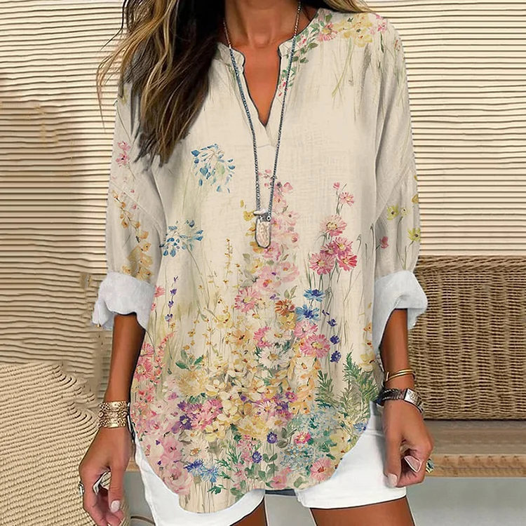 Comstylish Women's Retro Floral Loose Casual Long Sleeve V-Neck Shirt