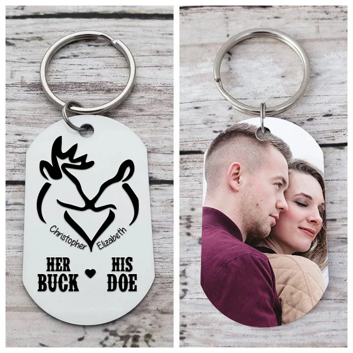 Personalized Couple Photo Keychain Custom 2 Names Keyring “Her Buck His Doe” Valentine's Day Gift For Couples