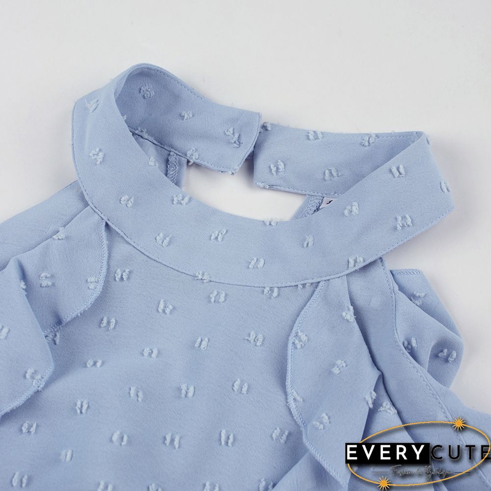 Light Blue Ruffle Cold Shoulder Long Sleeve Tops