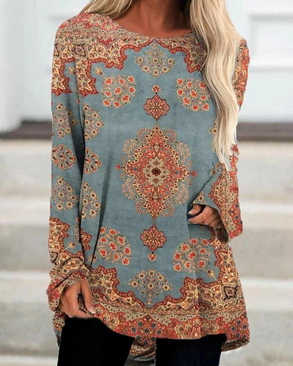 Retro Loose Round Neck Long Sleeve Top