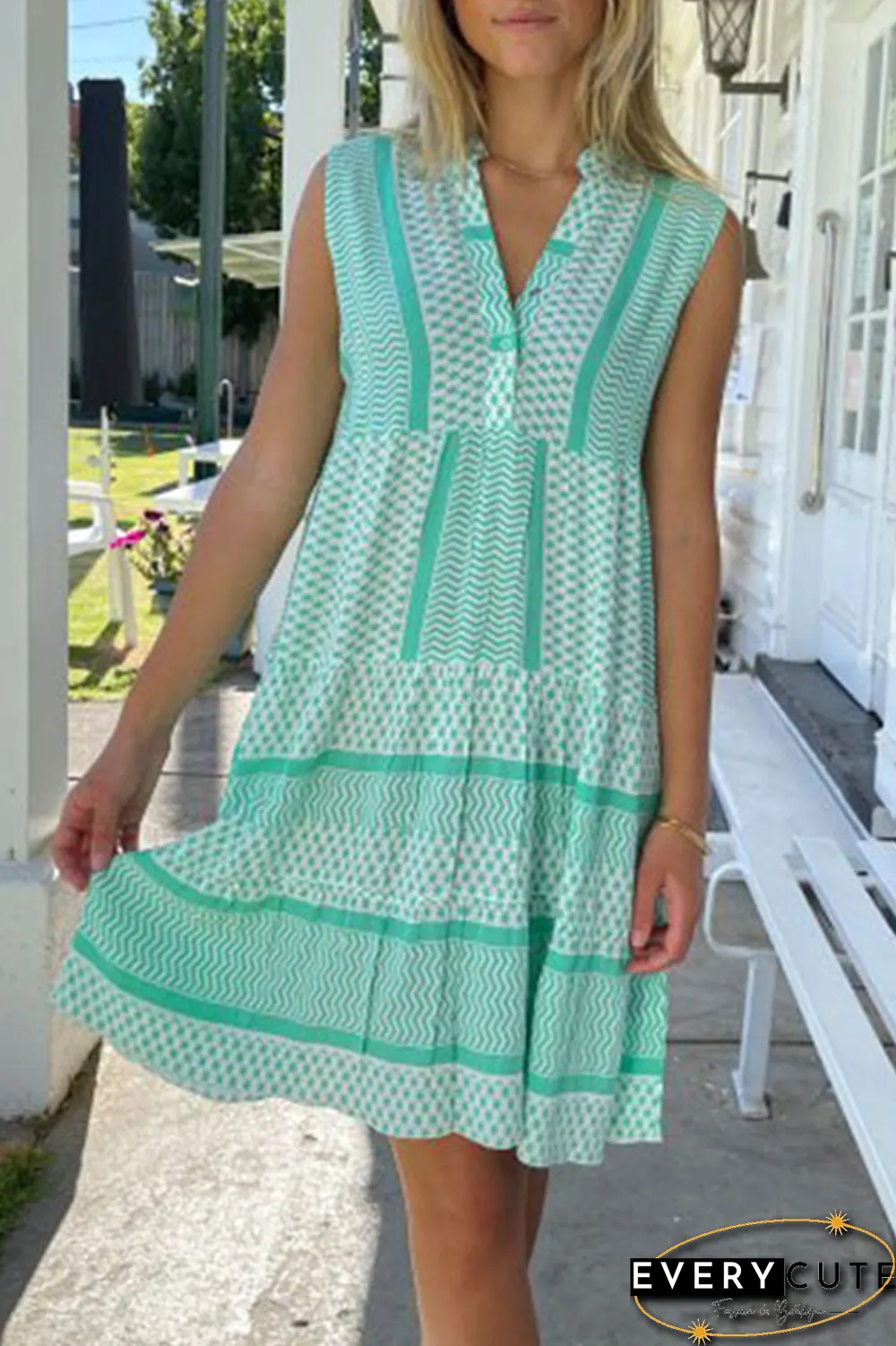 Casual Print Split Joint V Neck Straight Dresses(4 colors)