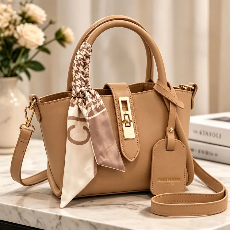 Elegant Women&rsquo;s Top Handle Handbag with Silk Scarf &ndash; Chic Crossbody Shoulder Bag with Adjustable Strap & Gold-Tone Hardware