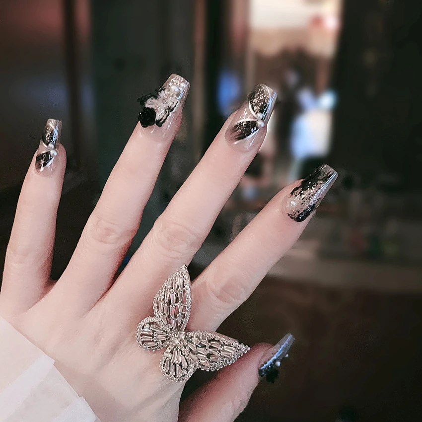 Bayuyun 24Pcs/Set Coffee Leopard French Fake Nails with Diamonds Japan Korean Artificial Acrylic Press on Nails Removable Stick on Nails