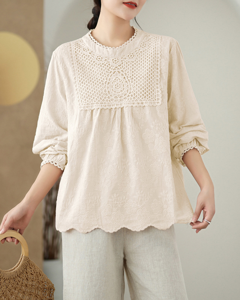 Lace Embroidery Round Neck Ruched Long Sleeve Top