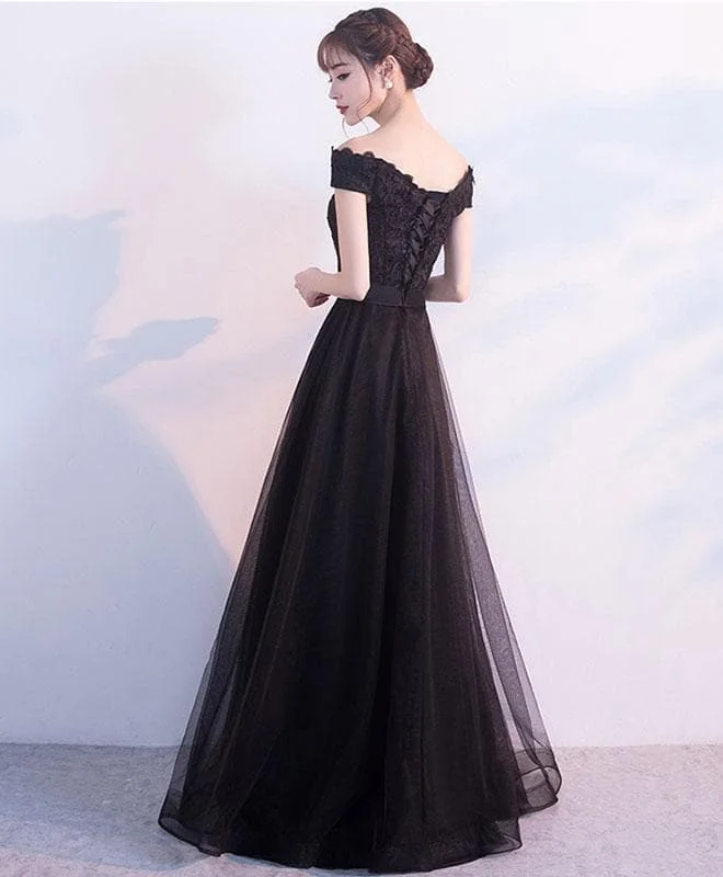 Black Lace Tulle Off Shoulder Long Prom Dress, Black Evening Dress