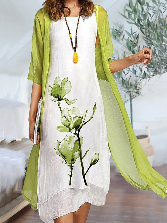 Women's Fashion Casual Printed Two Piece Cardigan Dress