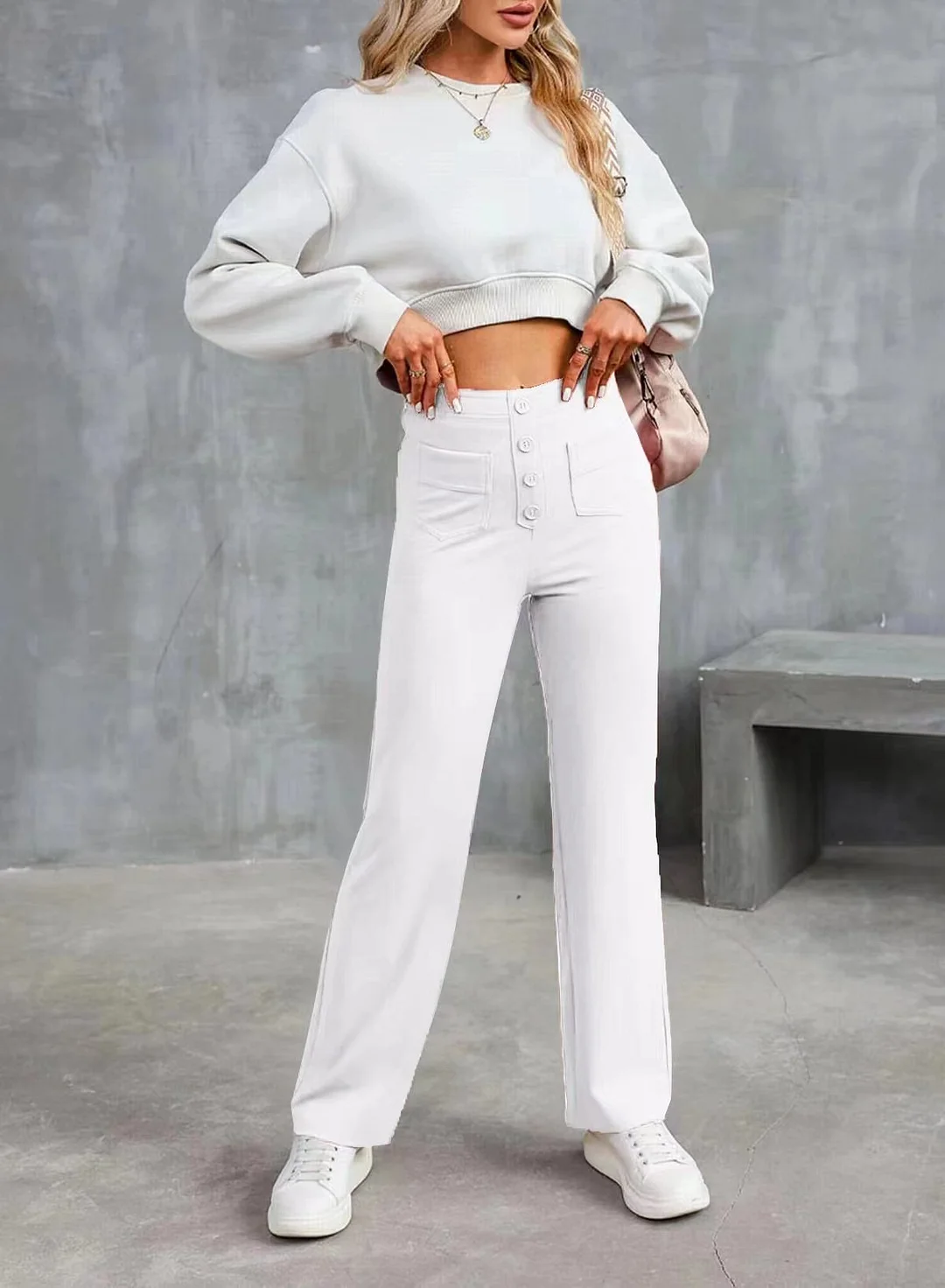 Wongn Wongn Fashion New Women's Casual Straight Pants High Waist Button Elastic Belt With Multiple Pockets
