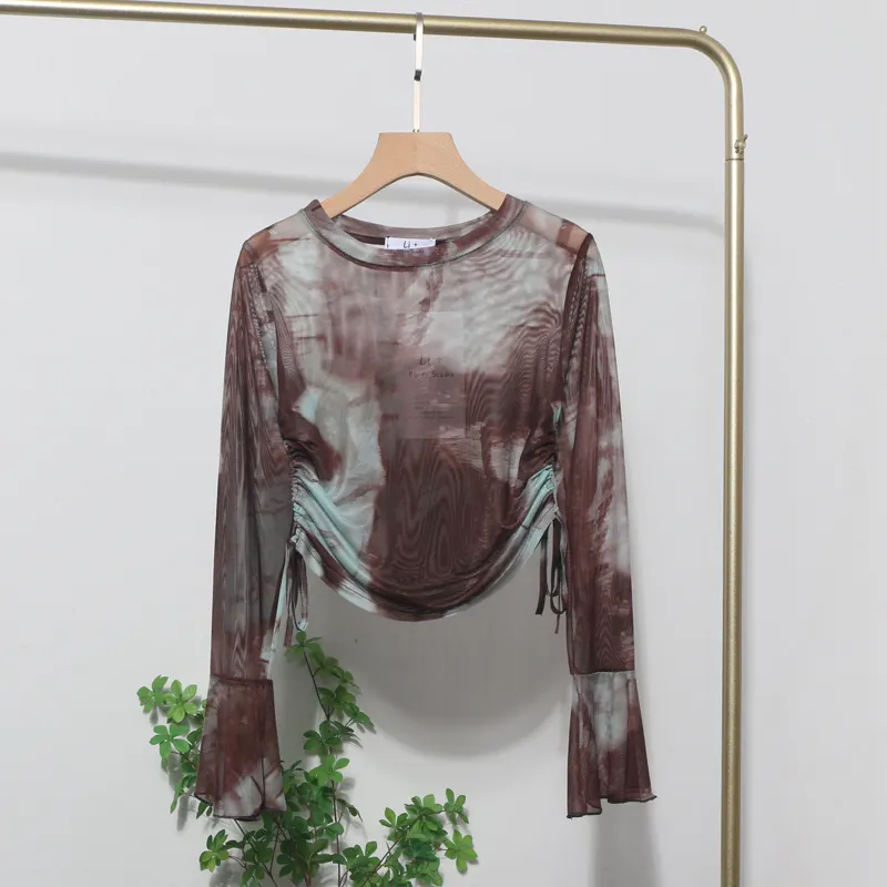Churchf Sunscreen Not Sultry Hot Tie Dye Net Yarn Long-Sleeved T-Shirt Drawstring Tethered With Short-Sized T-Shirt Horn Sleeve Top 8929