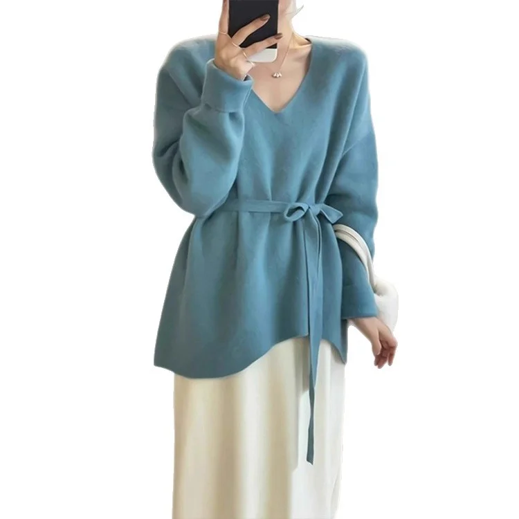 Athvotar Athvotar Goods V-Neck Belt Long Sheep Velvet Women Autumn And Winter Loose Knitted Wool Inside The Bottom Sweater