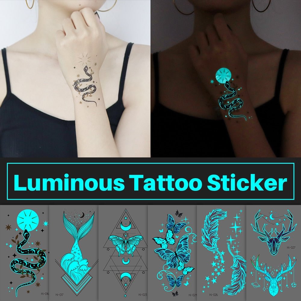 Blue Luminous Tattoo Sticker Forest Moon Luminous Snake Waterproof Temporary Tattoo Wrist Fake Tattoo For Body Art Ladies Men