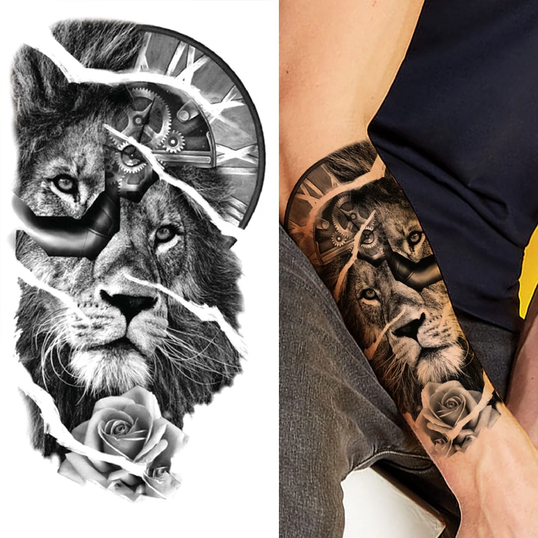 Forest Tiger Temporary Tattoos For Men Women Kids Lion Skull Cross Tattoo Sticker Black Compass Skeleton Tatoos Leg Thigh 530