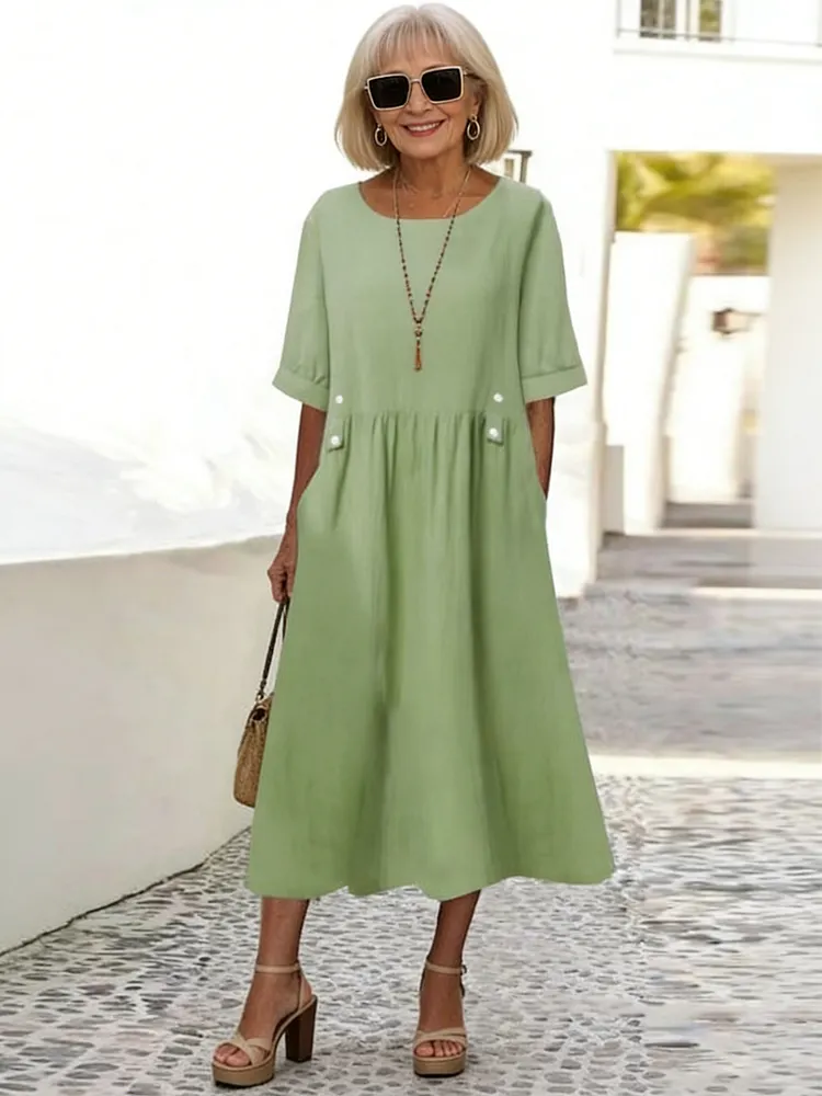 Short Sleeve Cotton Linen round-Neck Loose Mid-Length plus Size Dress