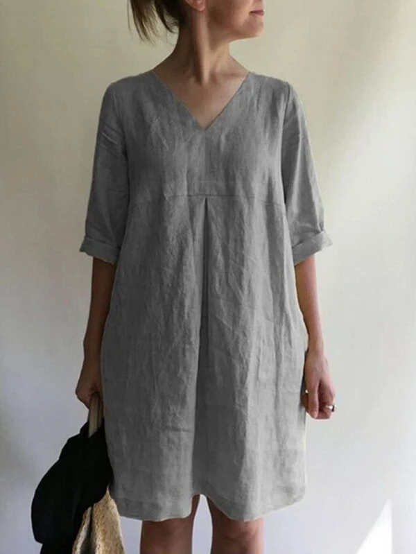 Rotimia Women's V-neck Solid Color Cotton And Linen Loose Dress