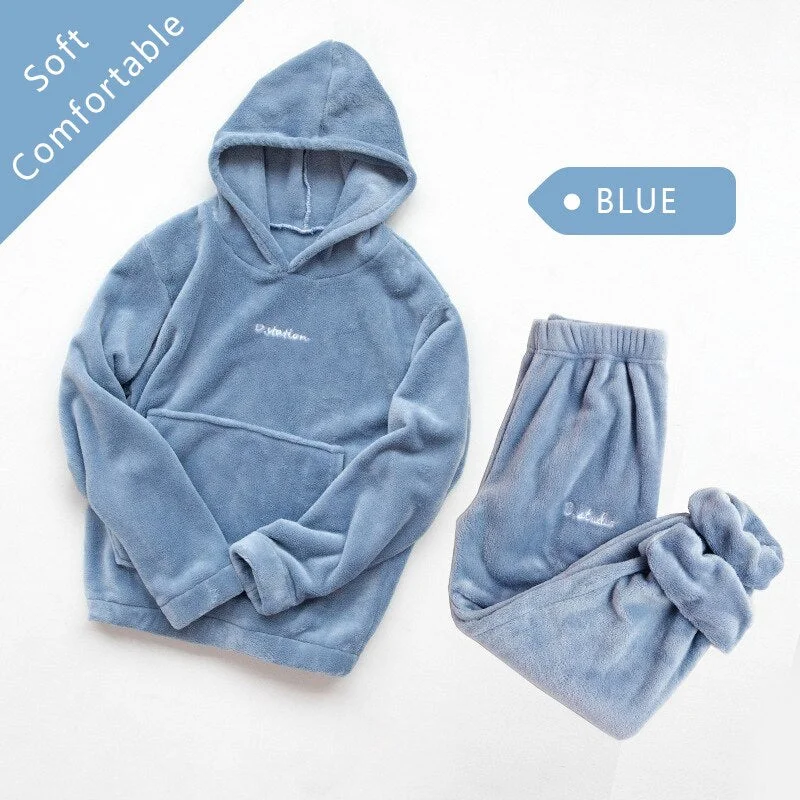 Women Pajamas Set Winter Warm Flannel Pajamas Homewear Thick  Female Sleepwear Plush Pyjamas Suit Sweatshirt Hoodies Solid Color